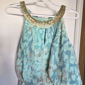 Vince Camuto Blue Printed Watercolor Chiffon Halter Top Gold Beads Maxi Dress 12